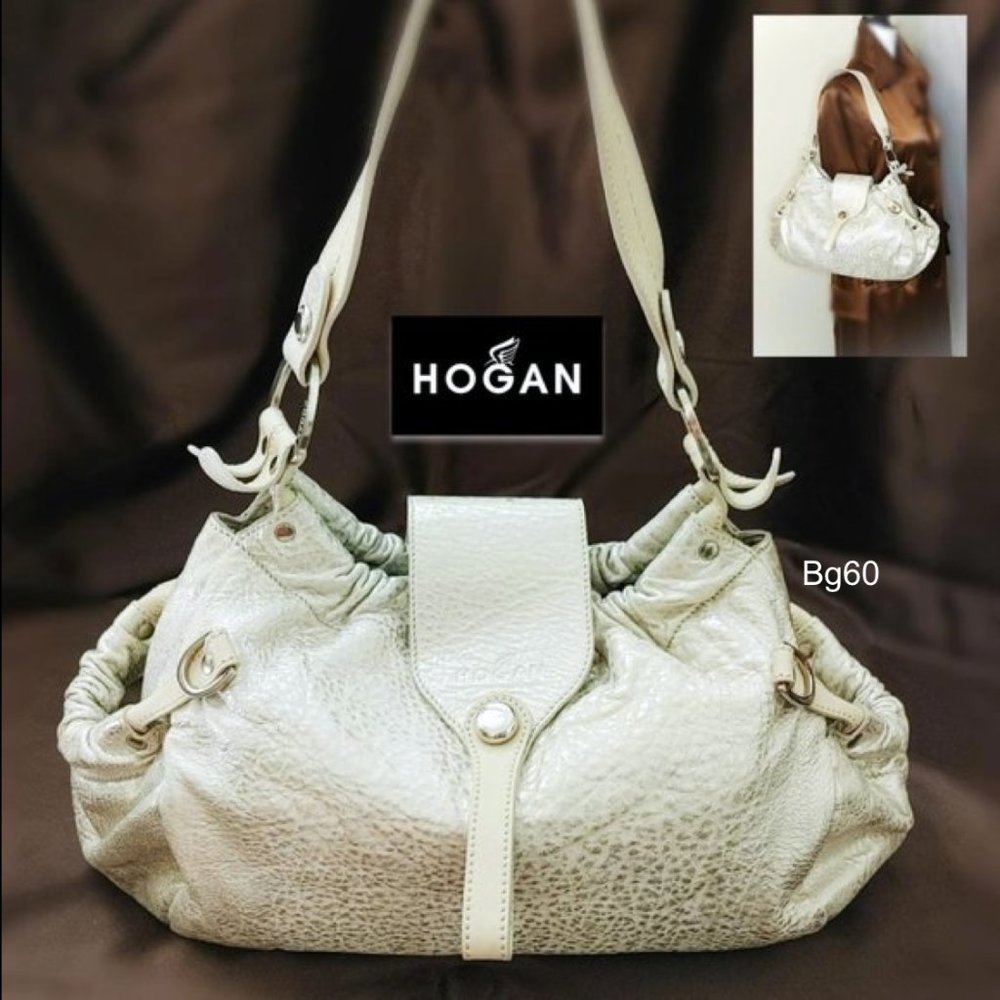 HOGAN Italy Creamy Beige Silver Metallic Hobo Slouchy Leather Large Shou…